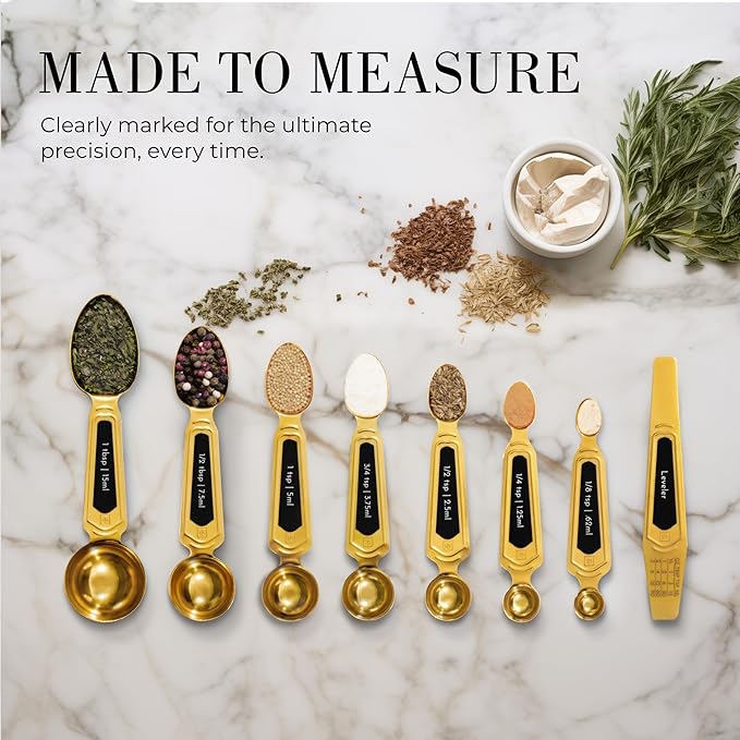 Gold Magnetic Measuring Spoons with Leveler - Featuring 8-Piece Upgraded Style, Dual-Sided, Stackable, Stainless Steel Gold Measuring Spoons Set - Fits in Spice Jars, Luxury Kitchen Accessories