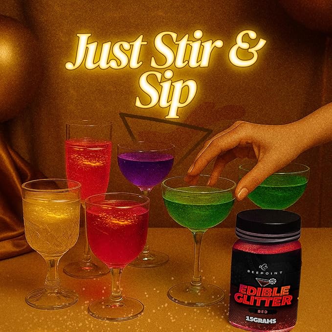 BeePoint Red Edible Glitter for Drinks 15g - Food Grade, Vibrant Color Shimmer Powdered Dust for Drinks, Cocktails, Cake Decorating, Baking, Chocolates, Candy, Sweets, & Cookies - Vegan & Gluten Free