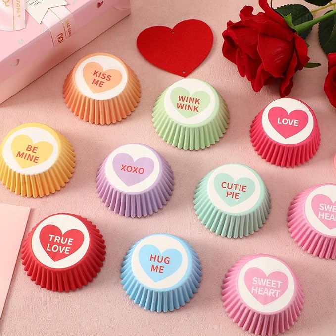 SANNIX 450Pcs Valentine's Day Cupcake Liners, Heart Candy Love XOXO Baking Cups Cupcake Wrappers Paper Wraps Muffin Liners for Valentines Day Wedding Birthday Party Candy Cake Decorations Supplies