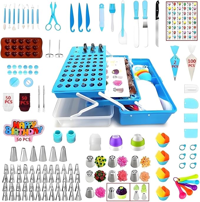 387 Pcs Cake Decorating Kit Piping Bags and Tips Set,with 64 Icing Tips,102 Pastry Bags,5 Couplers,Cake Spatulas,More Cupcake Cookie Decoration Tools,Toolbox, (Blue)