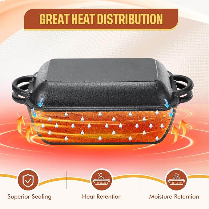 2 in 1 Cast Iron Bread Loaf Pan with Lid and Oak Serving Board, 14 x 7 Inch Covered Baking Set for Homemade Bread, Meatloaf, Ideal Gift for Home Cooks, Bakers, Family, Cooking Enthusiasts