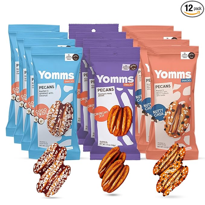 Yomms Pecan Snack Halves Variety Pack – Low Sugar Healthy Dessert | 3 Flavors - Coco Twist, Nutty Chia, Crunchy Joy | Coconut & Crunchy Pecan Snack | Honey Roasted Mixed Nuts – 1.3oz Each | 4 Packs of Each Flavor | 12 Total