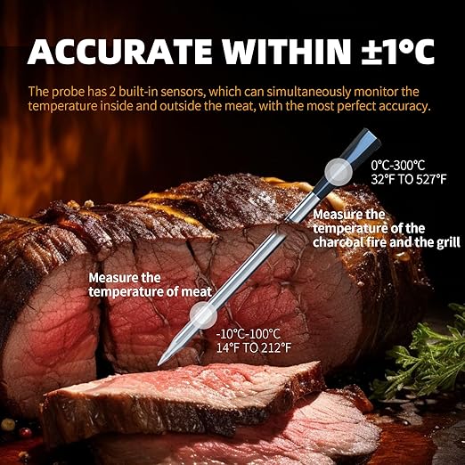 YFL Smart Wireless Meat Thermometer with Bluetooth & App, 820FT Long Range, Digital Food Thermometer with Dual Sensors, IP67 Waterproof Probe for BBQ, Grill, Oven, Smoker, Turkey, Steak, Chicken