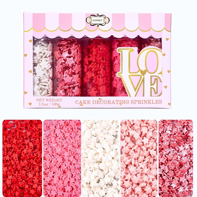 Confect Star Sprinkles | Sprinkle for Baking, Cookie & Cake Decorative | Baby Shower Sprinkles | Pink, White & Red Sprinkle | Edible sprinkles Mix Pack of 5-Vegan, Gluten-Free, Nut-Free, Soy-Free, Dairy-Free, Palm Oil-Free -5 Oz