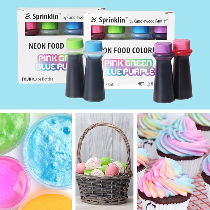 Candlewood Pantry B. Sprinklin Neon Liquid Food Coloring Kit Set of 4 - Pink, Green, Purple, Blue - Vibrant Food Dye for Slime Crafts, Eggs, Frosting and Cake Decorating 0.3 fl oz (Pack of 2)