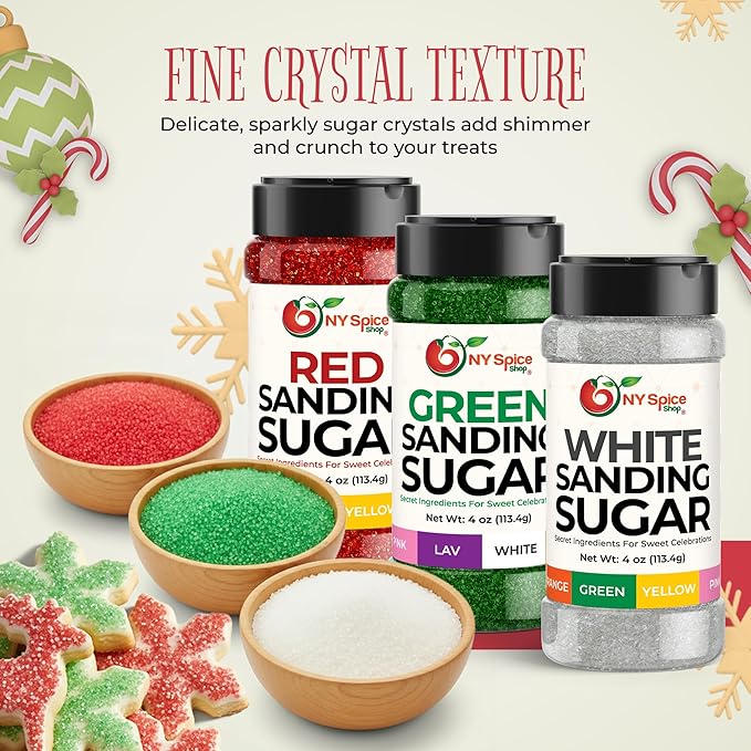 NY Spice Shop Christmas Sanding Sugar – Pack of 3 Red Green & White Baking Sugar Crystals - Holiday Dessert Decorations & Colorful Sugar - Christmas Themed Baking Supplies