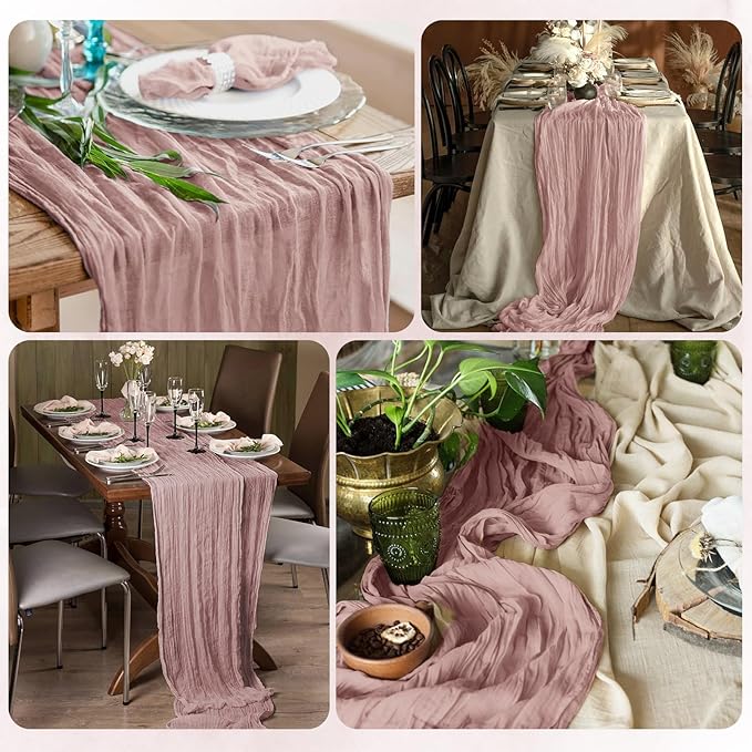 6 Pack Dusty Pink Cheesecloth Table Runner 17x108 Inch Semi Sheer Boho Gauze Cheese Cloth Fabric Table Runners, for Wedding Party Baby Shower Birthday Home Decor Garden Farmhouse