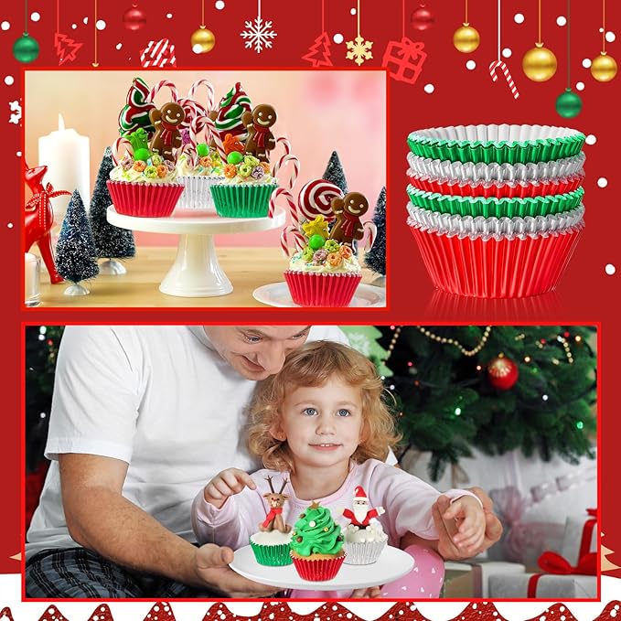 Mumufy 300 Count Christmas Foil Cupcake Liners 2 Inch Cupcake Wrappers Paper Bake Cup Set Foil Muffin Liners for Independence Day Christmas Party Supplies(Green, Red, Sliver)