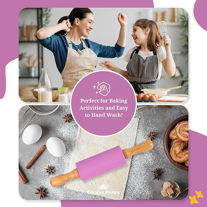 Small Rolling Pin for Kids, Non-Stick Silicone Surface with Wooden Handles for Play Dough and Baking Rolling Pin (Bright Purple)