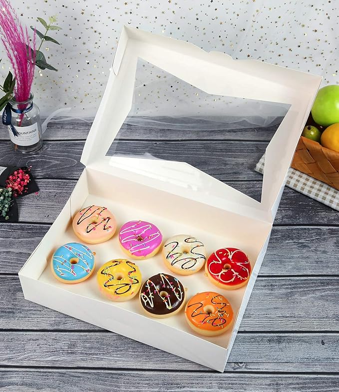 ONE MORE [15-Pack] 14 x10 x 3inch White Lock Corner Window Bakery Cookie Boxes, Large Paperboard Container with PVC Windows for Pie