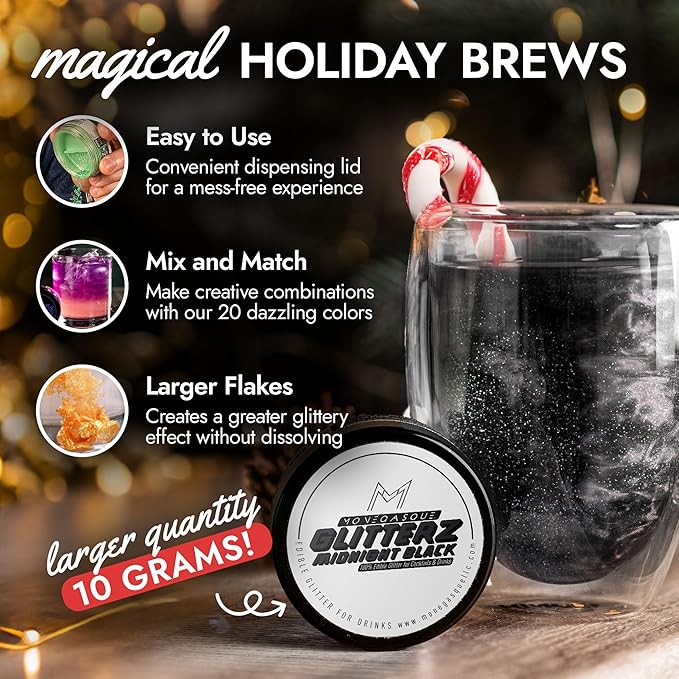 MONÉGASQUE Black Edible Glitter for Drinks 10g – Black Edible Glitter for Cakes & Cocktails – Cocktail & Drink Shimmer Powder – Cupcake Sprinkles Decorating Toppers & Christmas Cake Decorations Spray