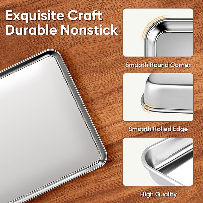 Stainless Steel Baking Sheet Set, 2 Pcs Cookie Sheet Pan Baking Trays for Oven, Non Stick and Heavy Duty and Easy Clean, 15.9 x 12 x 1 Inch