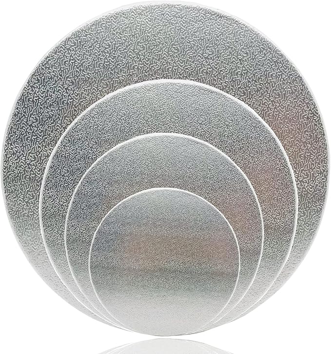 4 Pack Cake Boards, 6, 8, 10, 12 Inch Round Cake Circles, Cake Base Cardboards 1 of Each Size for Cake Decorating, Silver