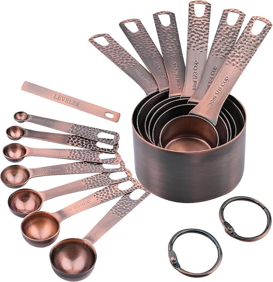 Copper Measuring Cups and Spoons Set 14, Stainless Steel Measure Cups and Spoons Set for Baking & Kitchen, 6 Metal Metric Measuring Cups and 7 Measuring Spoons 1 Leveler for Dry & Liquid