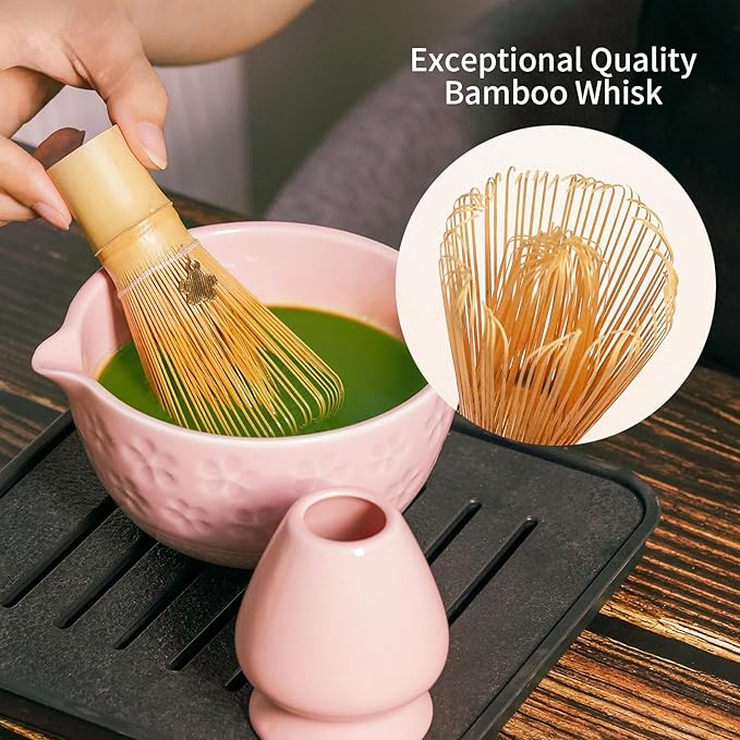 7 Pcs Matcha Whisk Set, Ceramic Matcha Set Includes Matcha Bowl, Matcha Whisk and Holder, Bamboo Scoop, Scoop Rest, Sifter and Tea Towel With home, tea house, office, etc (Pink)
