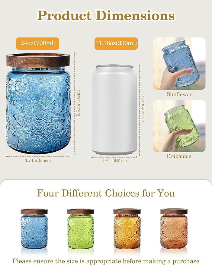 Glass Jar with Airtight Wood Lid – 24 OZ Kitchen Pantry Bathroom Storage Canister, Decorative Vintage Container for Candy, Salt, Coffee, Cookie, Cereal, Nuts, Oats, Flour, Sugar, Tea, Blue Sunflower