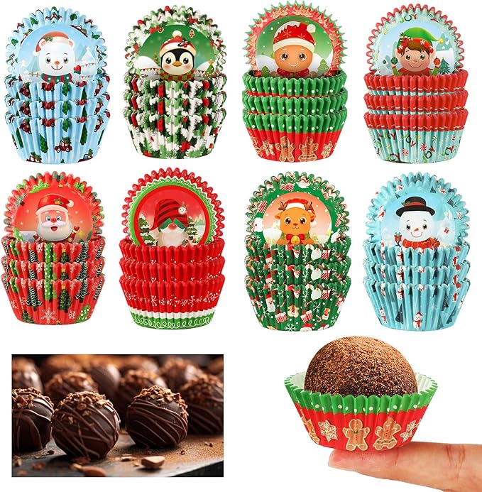 AUGSUN 800pcs Mini Cupcake Liners Christmas Cupcake Wrappers Santa Snowman Forest Mini Muffin Liners Papers Baking Candy Cups for Xmas Holiday Party Cake Candy Chocolate Making Supplies (8 Designs)