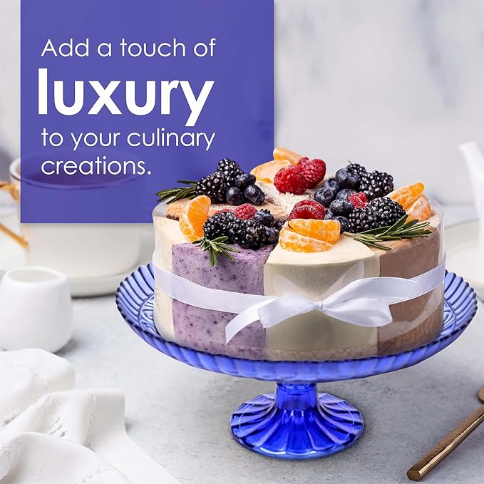 Amici Home Flower Footed Glass Cake Stand | Round Vintage Style Cake Plate | Serving Platter for Cupcakes, Cookies | Dessert Display Stand for Parties, Weddings, and Gift | 10” D x 4” H (Cobalt)