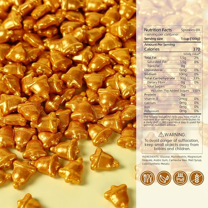 Christmas Bells Sprinkles for Cake Decorating, Gold Bells Sprinkles Perfect for Cupcake Toppers Wedding Party Valentines Halloween Christmas Supplies 3.52 Ounce