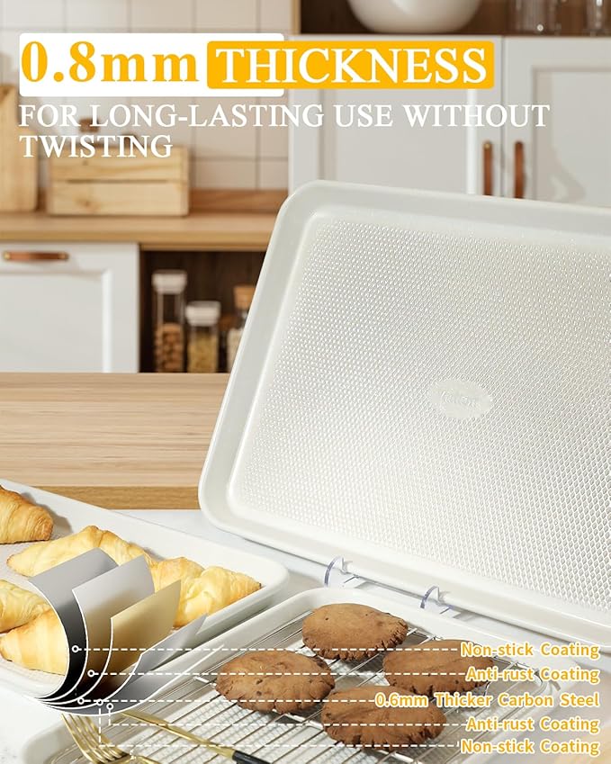 Nonstick Baking Sheet Sets with Rack (3 Pans + 1 Rack), 0.8mm Thicker Carbon Steel Quarter/Jelly Roll/Half Sheet Pan, Easy Clean, Prevent Warping, Dishwasher Safe, Oven Safe 450°F
