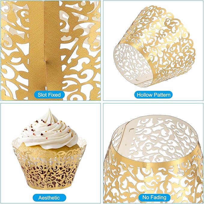 PATIKIL Cupcake Wrappers Paper, 50 Pack Baking Cups Standard Vine Decoration for Anniversary Birthday Weddings and Parties, Reflective Gold