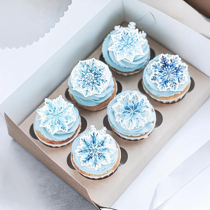 Gyufise 60Pcs Edible Snowflake Cupcake Toppers Winter Cupcake Picks Water Paper Winter Frozen Cake Decorations for Snowflake Theme Baby Shower Kids Birthday Party Supplies Multi Blue