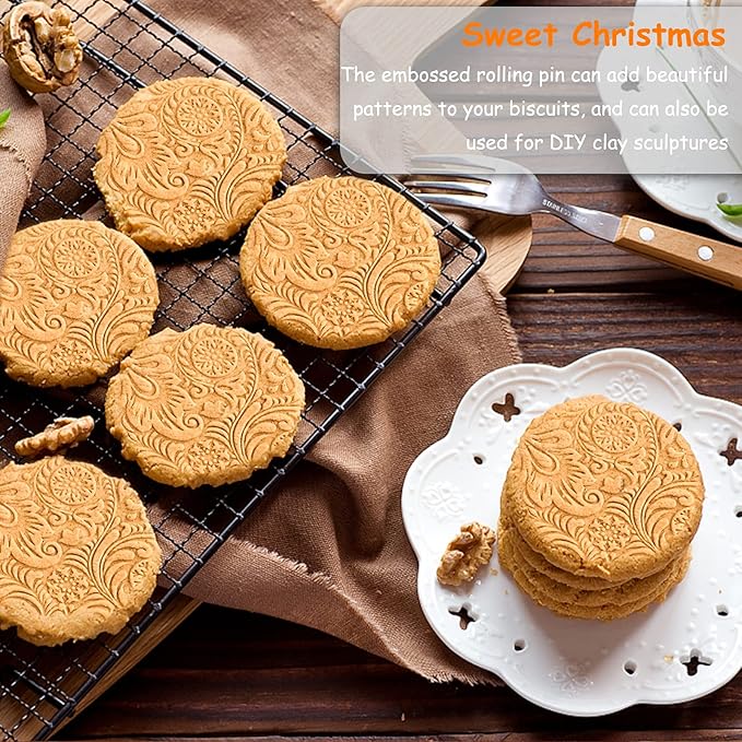Embossed Rolling Pins Christmas Rolling Pin,3D Paisley Pattern Flower Snowflake Rattan Wooden Roll Pin Laser Engraved Rolling Pin DIY Tool for Kids and Adults to Make Cookie Dough