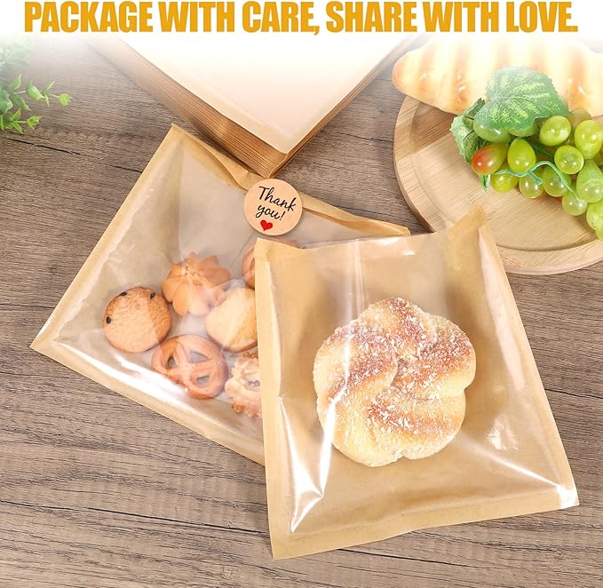 200 Pack Cookie Bags with Seal, Kraft Bags with Window 7.5x7.1", Heat Sealable & Grease Resistant Sandwich Bag, Cookie Packaging with Stickers, Pastry Bag for Treat, Donut, Cake Slice, Scone, Brownie