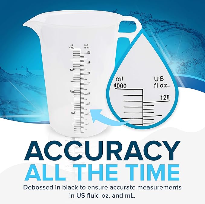 128oz (1 gallon) Measuring Pitcher, Plastic, Multipurpose - Great for Oil, Chemicals, Pool and Lawn - Ounce (oz) and Milliliter (mL) Increments (4000 mL)