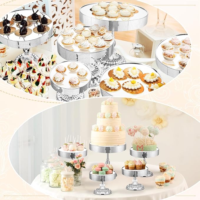 12 Pieces Silver Cake Stand Set, Vintage Cake Display Stand with Crystal Edge and Cupcake Display Tray, Dessert Table Display Set for Wedding Party Baby Shower Anniversary Celebration