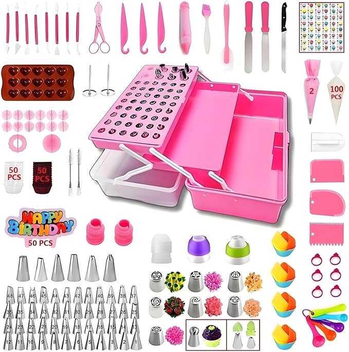 387 Pcs Cake Decorating Kit Piping Bags and Tips Set,with 64 Icing Tips,102 Pastry Bags,5 Couplers,Cake Spatulas,More Cupcake Cookie Decoration Tools,Toolbox, (Pink)