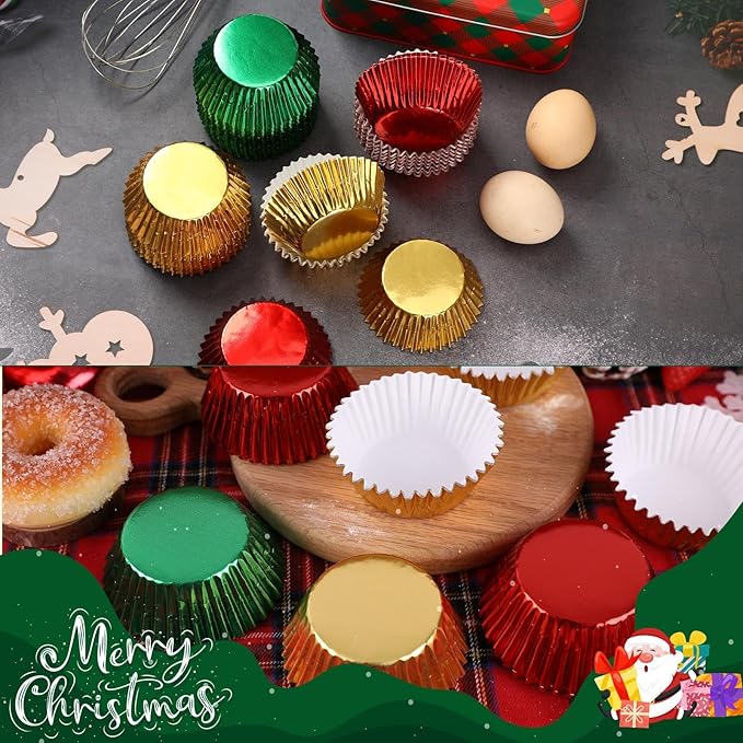 SANNIX 450Pcs Foil Cupcake Liners Christmas Metallic Cupcake Liners Muffin Baking Cups Christmas Cupcake Wrappers for Party Birthdays Baby Showers (Red, Green, Gold)