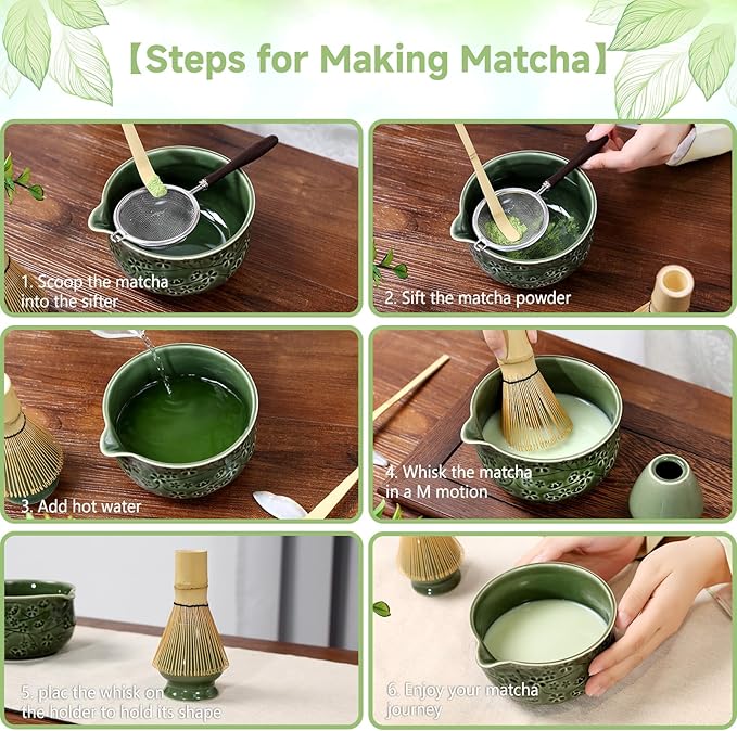 7 Pcs Matcha Whisk Set, Ceremony Matcha Kit with Matcha Bowl, Bamboo Whisk and Holder, Scoop and Scoop Rest, Sifter and Tea Towel, Gift for Matcha Lovers (Green/Cherry Blossom-Patterned)