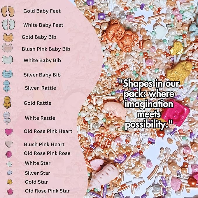 Confect Girls Baby Shower Sprinkles | Mix Gold, Rose Gold, Peach & Pink Sprinkles | Gender Reveal Sprinkles | Assorted Pack of 5 Edible Pearl Sprinkle | Vegan, Gluten-Free, Nut-Free, Soy-Free, Dairy-Free, Palm Oil-Free - 5 Oz