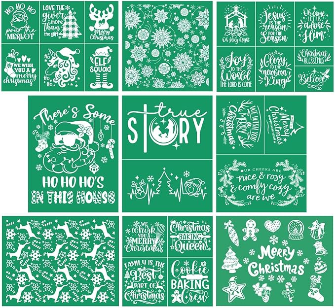 DGAG 9PCS Christmas Self-Adhesive Silk Screen Stencils,HO HO HO Screen Printing Stencils for Craft Xmas Chalk Paste Stencil Transfers Reusable Stencils for Painting on Wood Fabric Farmhouse