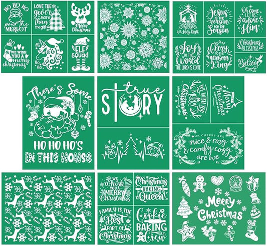 DGAG 9PCS Christmas Self-Adhesive Silk Screen Stencils,HO HO HO Screen Printing Stencils for Craft Xmas Chalk Paste Stencil Transfers Reusable Stencils for Painting on Wood Fabric Farmhouse