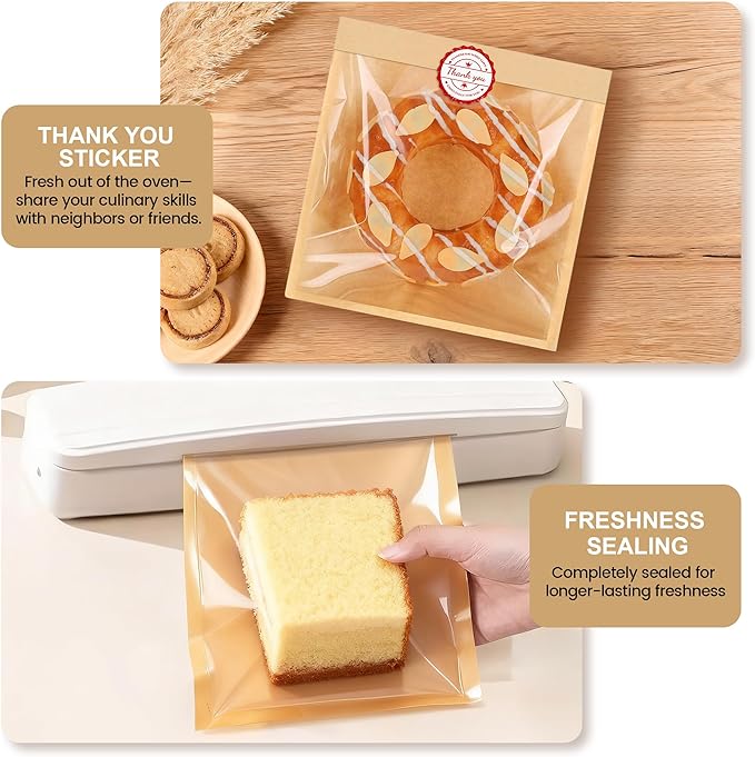 120 Pack Cookie Bags with Seal and Stickers, 5.7 x 6.5 Inch Paper Bakery Bags with Window, Heat-Sealable, Greaseproof Paper Bags Perfect for Treat, Donuts, Cake Slices, Scones, and Brownies