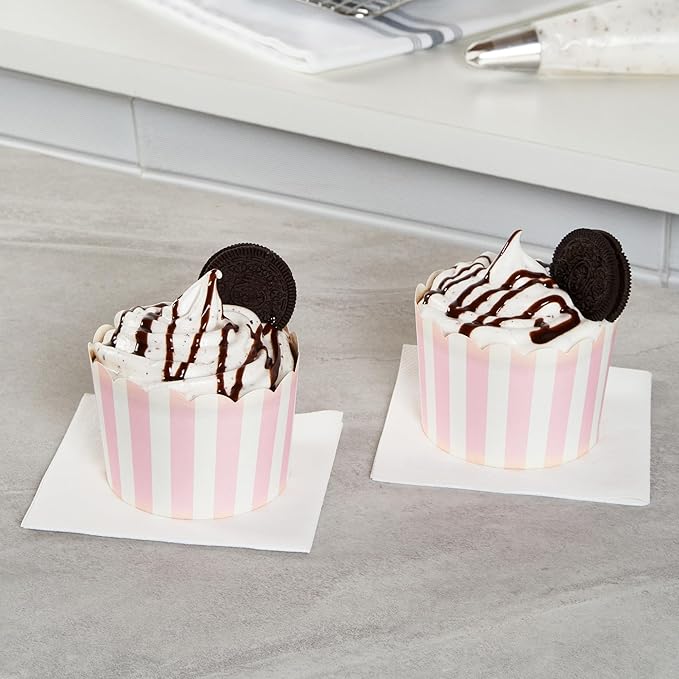Panificio 10 Ounce Cupcake Wrappers, 200 Scalloped Baking Cups - Oven-Ready, Greaseproof, Pink Striped Paper Cupcake Liners, Disposable, For Birthdays, Baby Showers, Or Weddings - Restaurantware