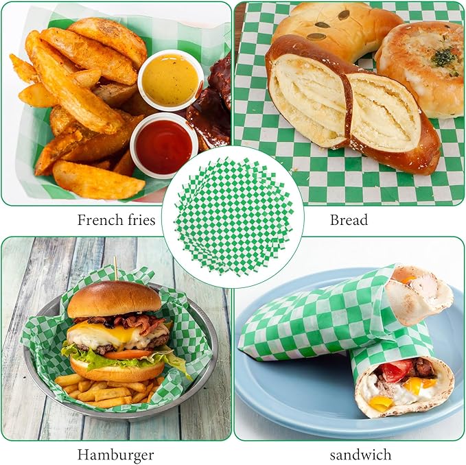 200 Pcs Wax Paper Sheets for Food Deli Wrap Paper Sheets 8.5x8.5"Food Basket Liners Checkered Square Sandwich Wraps for Burgers Bread Restaurant Barbecue Picnic(Green)