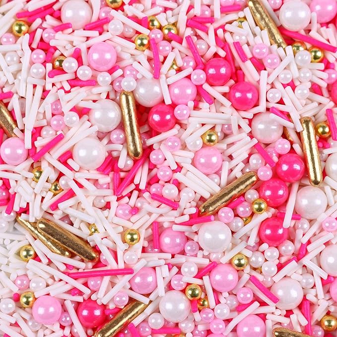 Pink Sprinkles for Cake Decorating, 3.52oz Pearl Sprinkles for Ice Cream Cupcakes Toppings Baking Cookies, Pink Gold Sprinkle for Valentines Weddings Princess Shower Bridal Party