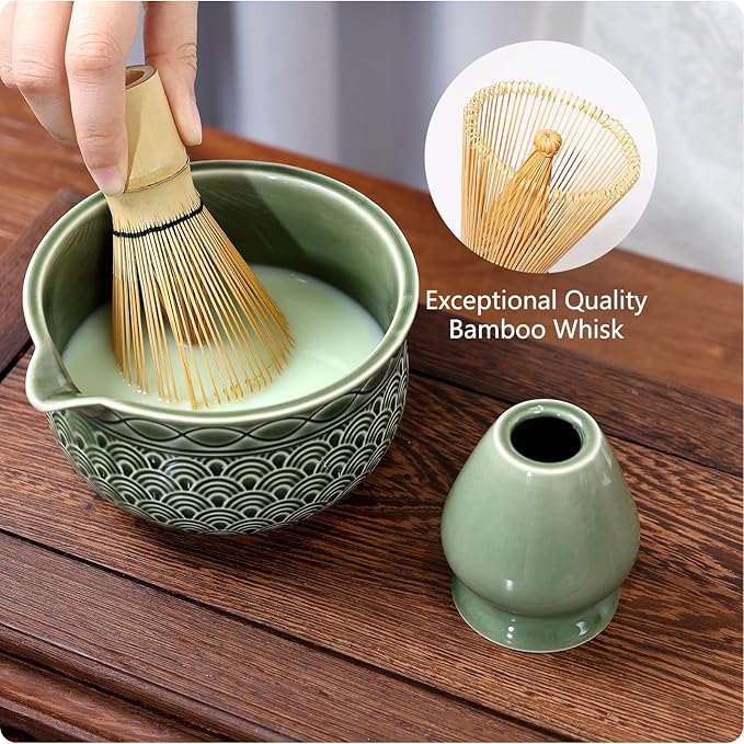 7 Pcs Matcha Whisk Set, Ceremony Matcha Kit with Matcha Bowl, Bamboo Whisk and Holder, Scoop and Scoop Rest, Sifter and Tea Towel, Gift for Matcha Lovers (Green/Wave-Patterned)