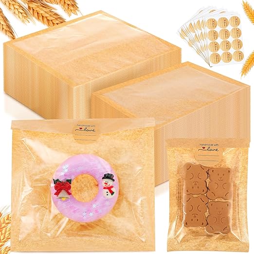 Outus 100 Pcs Heat Sealable Cookie Bags with Window 7.1 x 7.5 Inch, 4 x 6 Inch Grease Resistant Kraft Bakery Pastry Bags with Stickers for Packaging Donut Bread Cookie Goods Sandwich Baked Treat