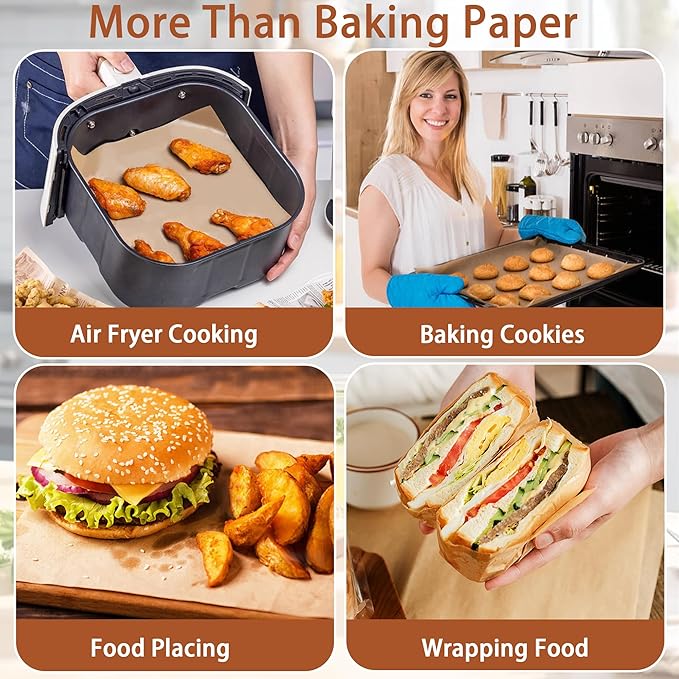 200 Pcs Parchment Paper Baking Sheets, 8"x8" Precut Non-Stick Baking Parchment Paper Sheets Bun Sheet Pan Liners.Baking Grilling Air Fryer Steaming Bread Cup Cake Cookie (Brown-8"x8")