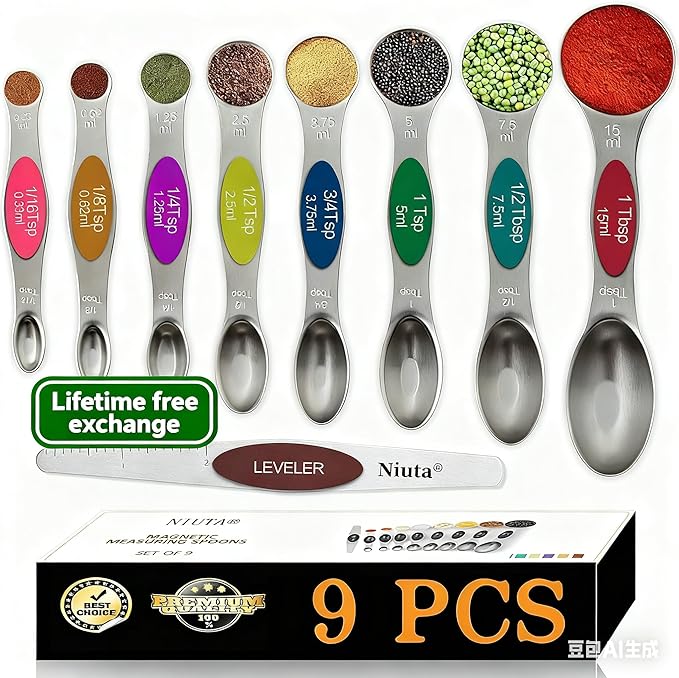 NIUTA Magnetic measuring spoons set, stackable on both sides, Germany stainless steel, for use in spice jars and liquids, set of 9-Multicolour