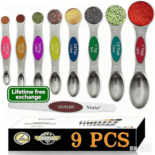 NIUTA Magnetic measuring spoons set, stackable on both sides, Germany stainless steel, for use in spice jars and liquids, set of 9-Multicolour