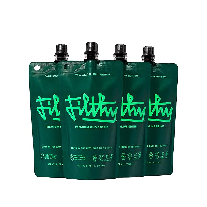 Filthy Olive Brine, Premium Cocktail Mixer, Filtered Olive Brine for Dirty Martinis, Olive Juice for Cocktails, Made from Naturally Cured Olives, Non-GMO, Gluten Free, 8 Oz Pouch, 4 Pack