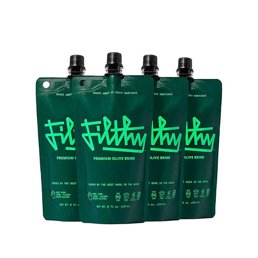 Filthy Olive Brine, Premium Cocktail Mixer, Filtered Olive Brine for Dirty Martinis, Olive Juice for Cocktails, Made from Naturally Cured Olives, Non-GMO, Gluten Free, 8 Oz Pouch, 4 Pack