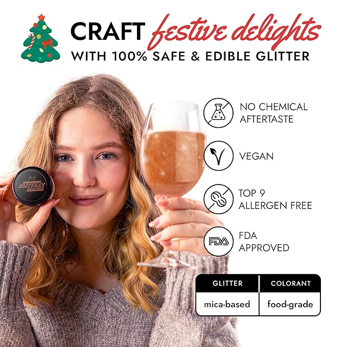 MONÉGASQUE Rose Gold Edible Glitter for Drinks 10g – Rose Gold Edible Glitter for Cakes – Chocolate, Cupcake, Strawberries, & Christmas Cake Decorations Sparkles – Cocktails & Drink Shimmer Powder