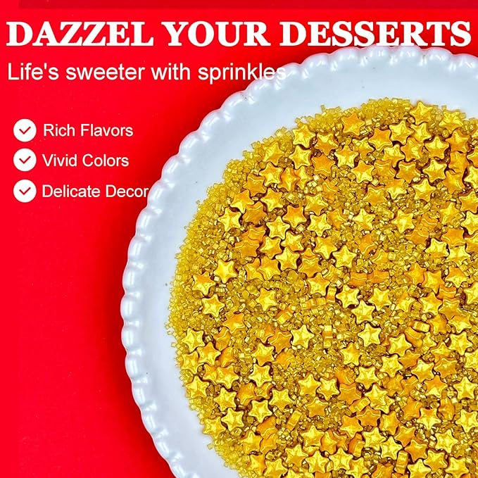 Gold Sprinkles for Cake Decorating, Star Sanding Sprinkles Mix for Cookie Baking Ice Cream Brownie Cupcake Toppings
