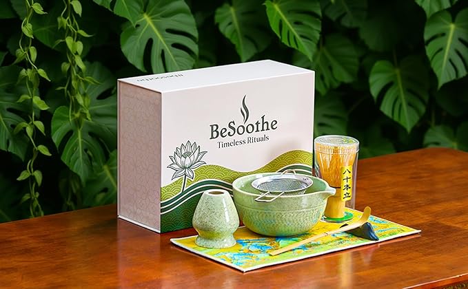 Matcha Whisk Set 8Pcs – BeSoothe Premium Japanese Tea Ceremony Kit, 8 Pcs with Spout Bowl, Bamboo Whisk & Holder, Scoop, Sifter, Tea Towel – Magnetic Gift Box for Matcha Lovers